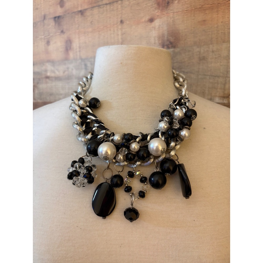 Premier Designs Black White Faux Pearl Silver Tone Chunky Statement Necklace
